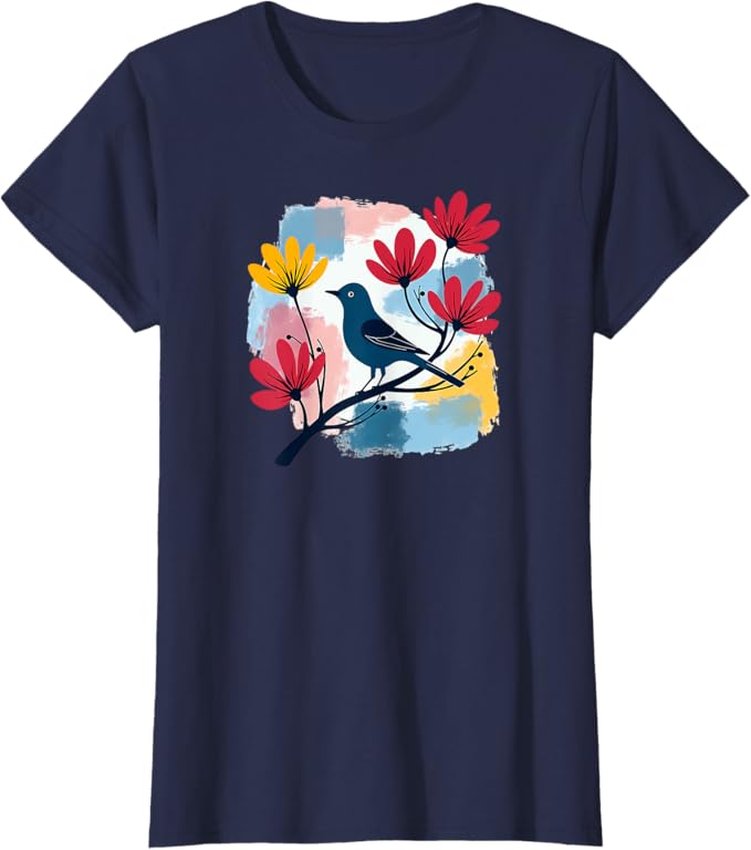 Colorful Bluebird Pop Art with Vibrant Cosmos Flowers T-Shirt
