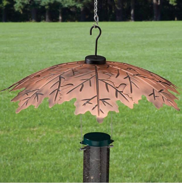 Leaf shaped copper baffle for a bird feeder