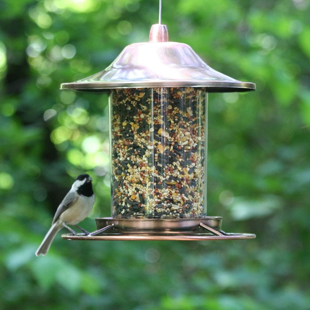 Mixed seed tube feeder with a copper top and base
