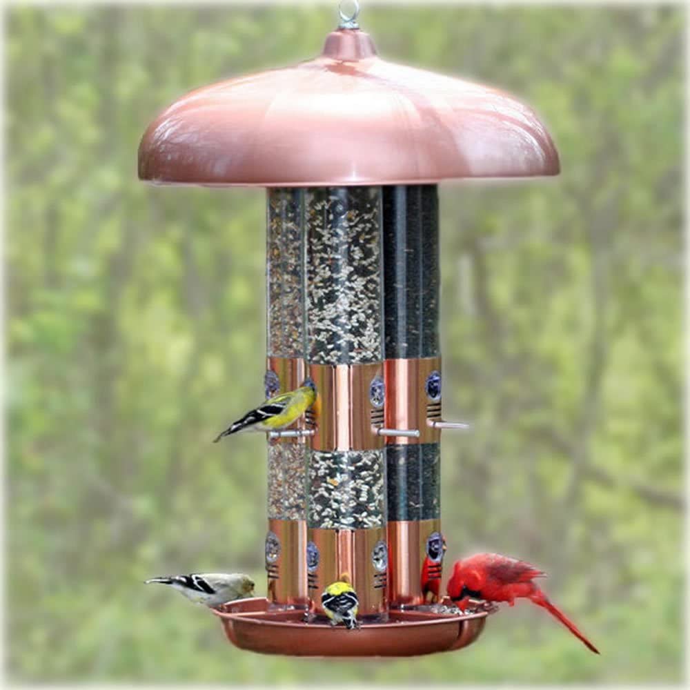 Three tube bird feeder with copper accents