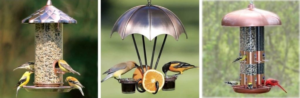 Collage of three copper bird feeders from our list with birds enjoying the feeders