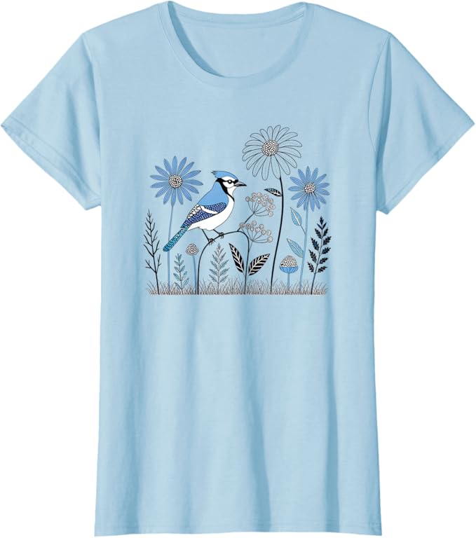 Blue Jay in the Garden | Bird Art and Floral Illustration T-Shirt