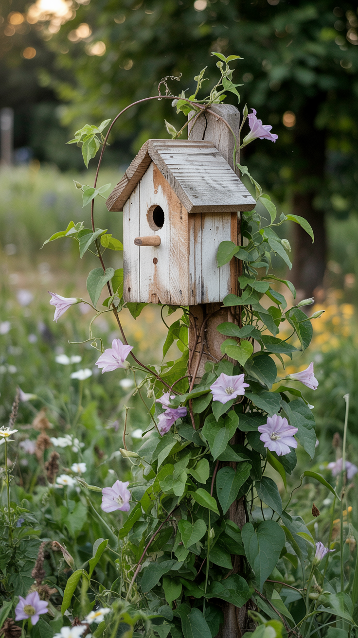 birdhouse on a post with a climbing pink clematis vine.