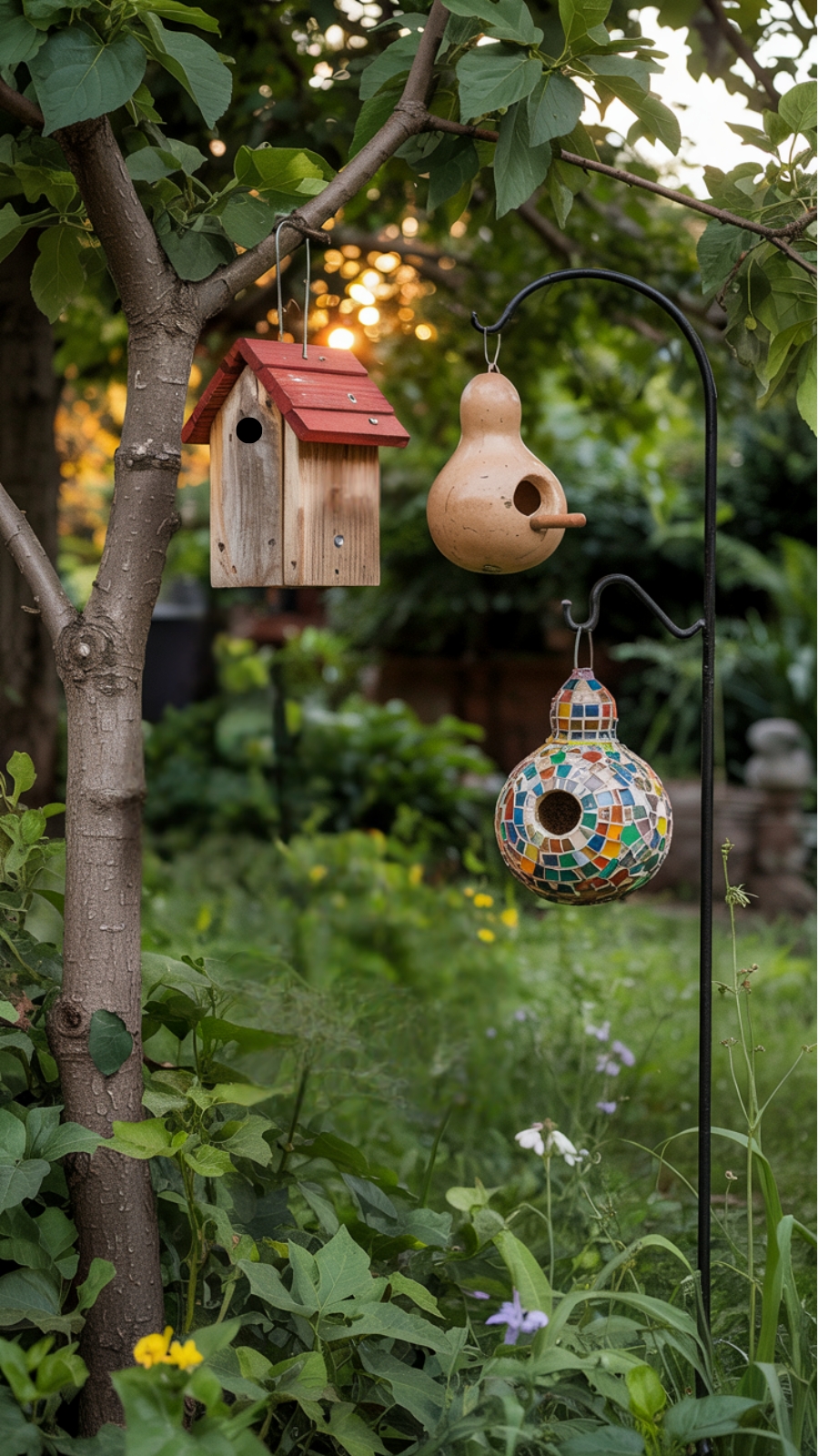 birdhouse village with 3 different types of birdhouses in a corner of the yard including a gourd, rustic-style and a mosaic style bird house.