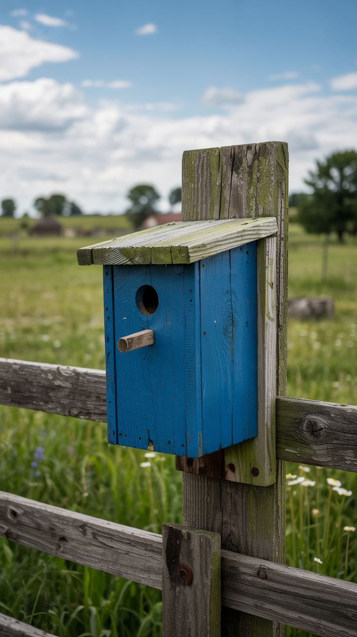 a blue bird house mounted to a fence on a farm.