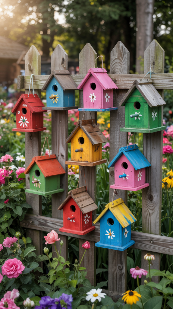 An assortment of brightly colored wooden birdhouses on a fence. 