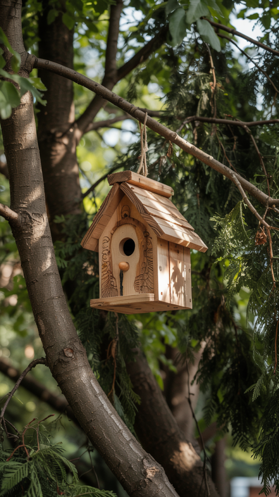 Wooden birdhouse hanging from large tree showing proper placement with light filtering through the trees. 