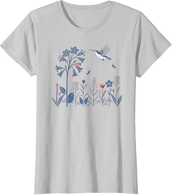 Hummingbird in the Garden | Floral Bluebells Artsy T-Shirt
