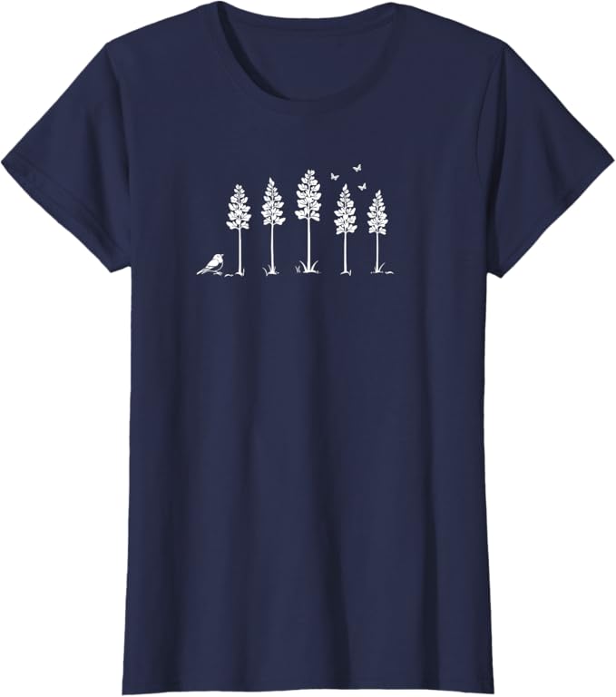 Minimalist Bluebird and Delphinium Flower Art Graphic T-Shirt