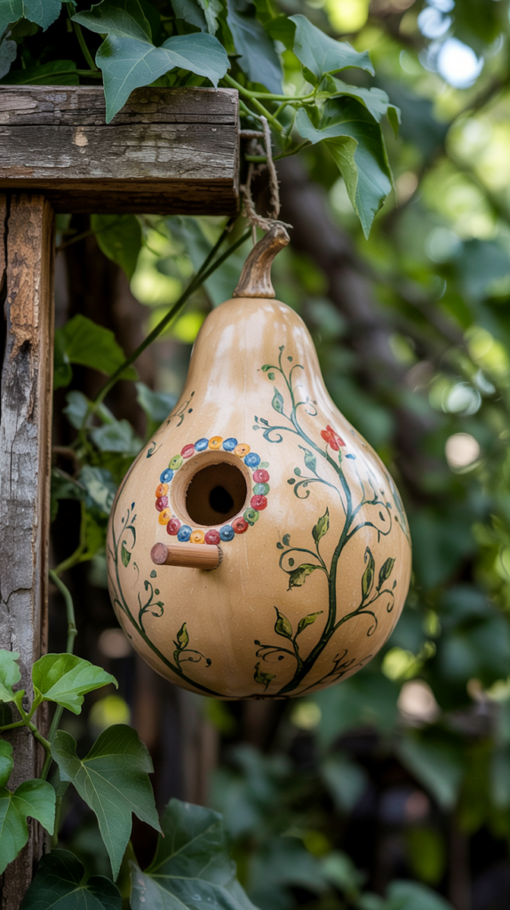 a birdhouse made from a gourd painted with colorful circles around the entrance and vines growing up the sides