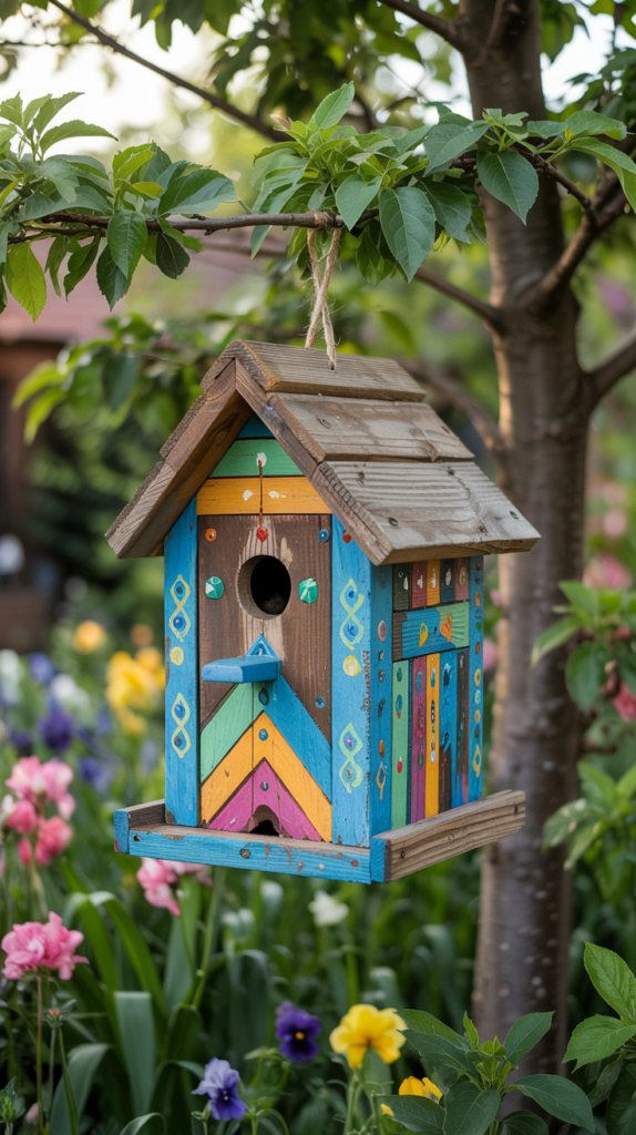 Colorful painted birdhouse with bright waterproof colors