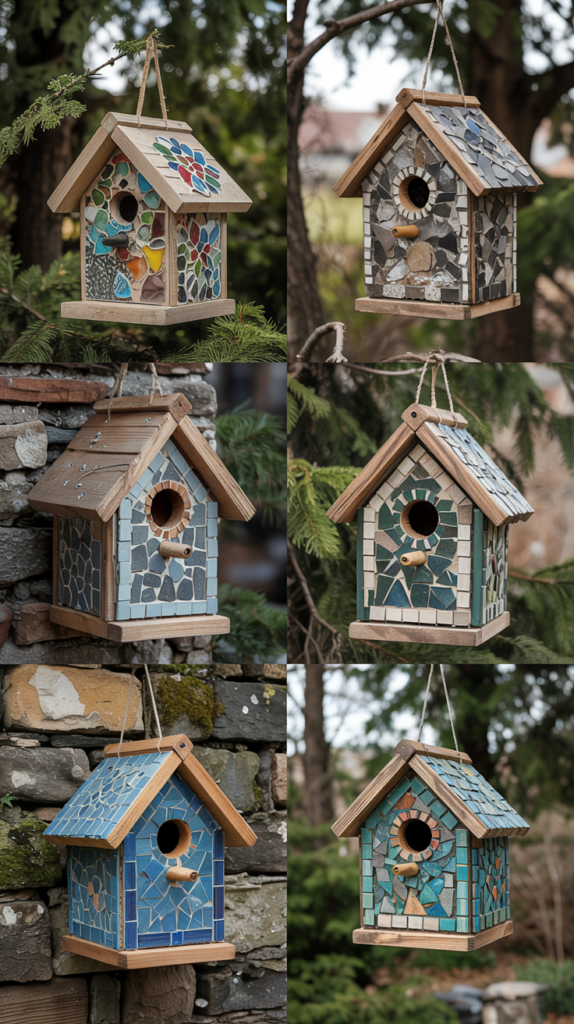 a collage of six different Mosiac patterned birdhouses