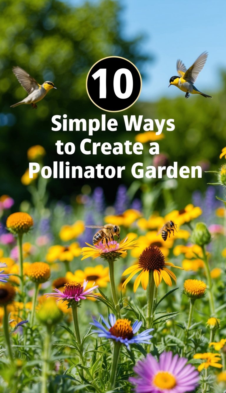 A sunny garden scene with a variety of colorful wildflowers attracting bees and birds. Text Overlay "10 Simple Ways to Create a POLLINATOR GARDEN"