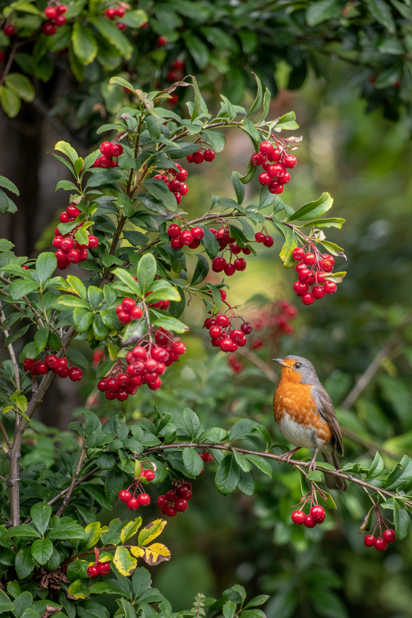 Close-up photo of an American Cranberrybush in the garden with red berries and a Robin perched on a branch
