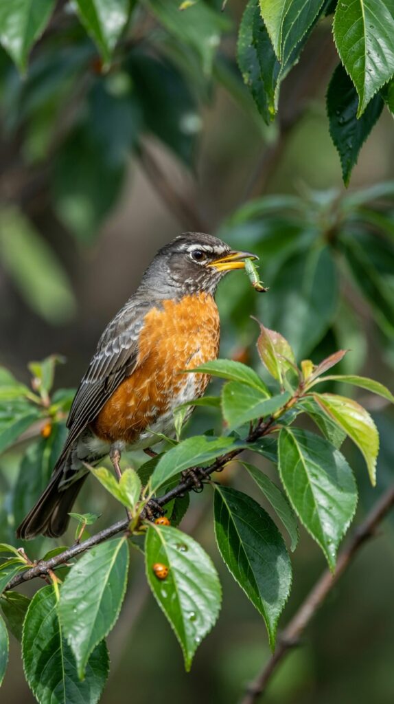 Robin enjoying a catepillar on a native bush