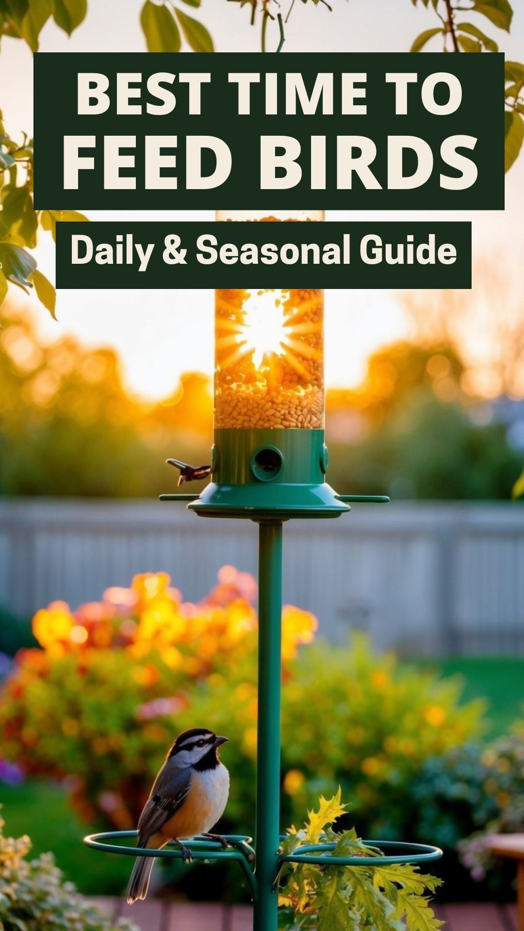 A bright backyard at sunrise with a clean bird feeder. A text overlay: “Best Time to Feed Birds: Seasonal & Daily Guide.” 