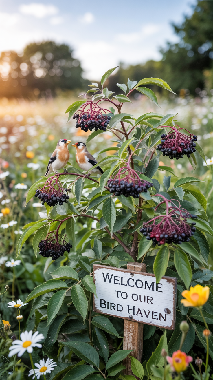 A sunny bird friendly garden with an elderberry bush and colorful songbirds perch amongst the leaves with a sign that reads "Welcome to the Bird Garden"