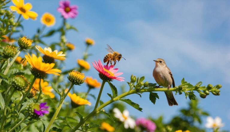 Bird perched on a sunflower stem in a lush colorful flower garden with a bee feeding on the flower's nectar