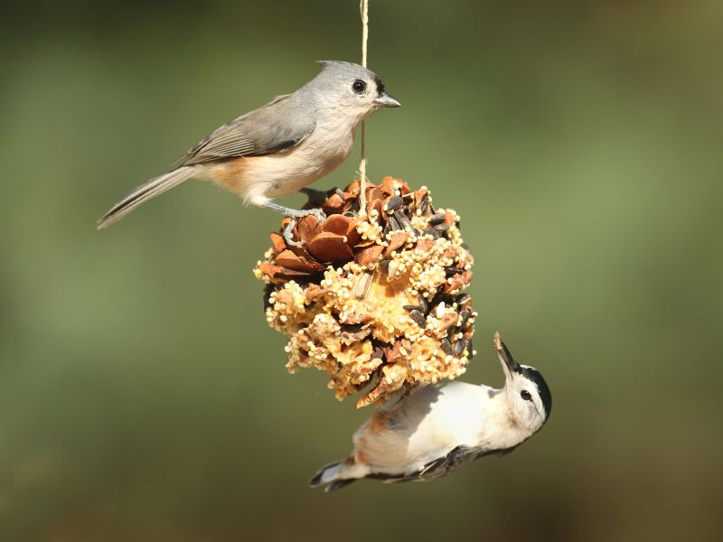 two small birds on a homemade pinecone suet feeder