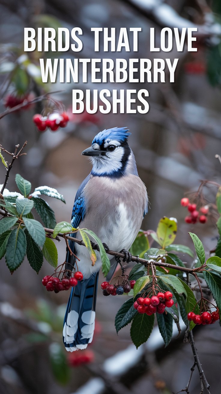 A photograph of a Blue Jay perched on a branch of a lush winterberry bush. Text overlay Birds that love winterberry bushes