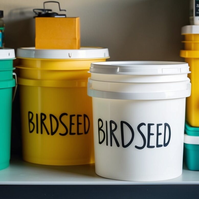 plastic bucket with birdseed label on garage shelf