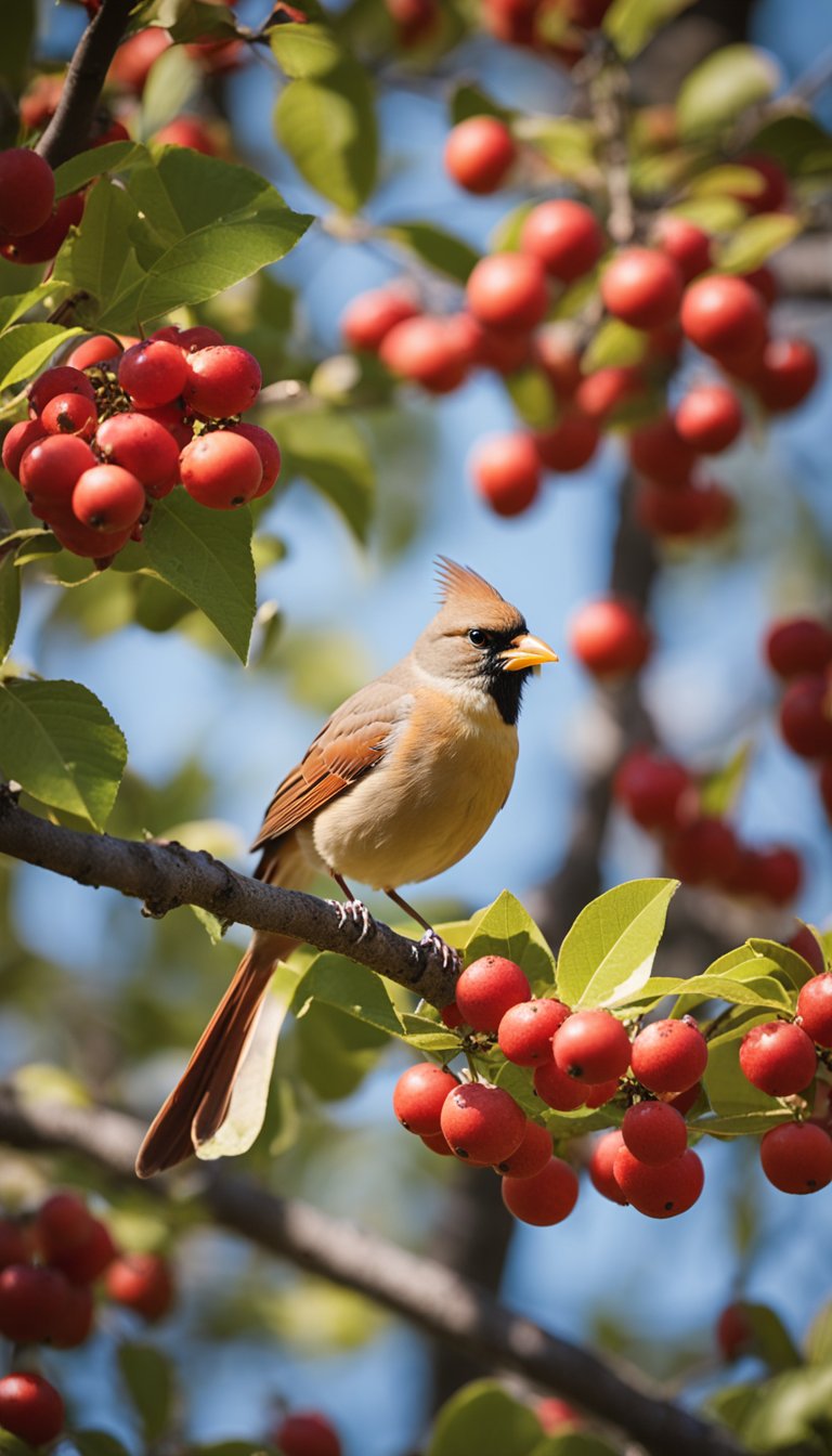 Cardinal perched on Service berry branch with bright red berries. 