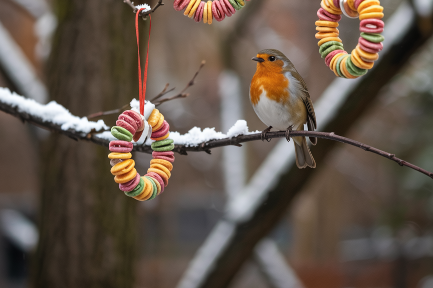 A group of colorful Cheerios bird feeder ornaments hanging from tree branches, with birds perched nearby