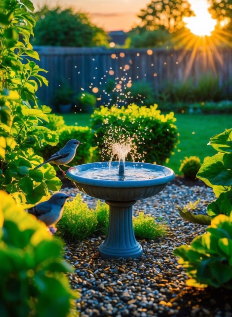 birds visiting bird bath in the early morning