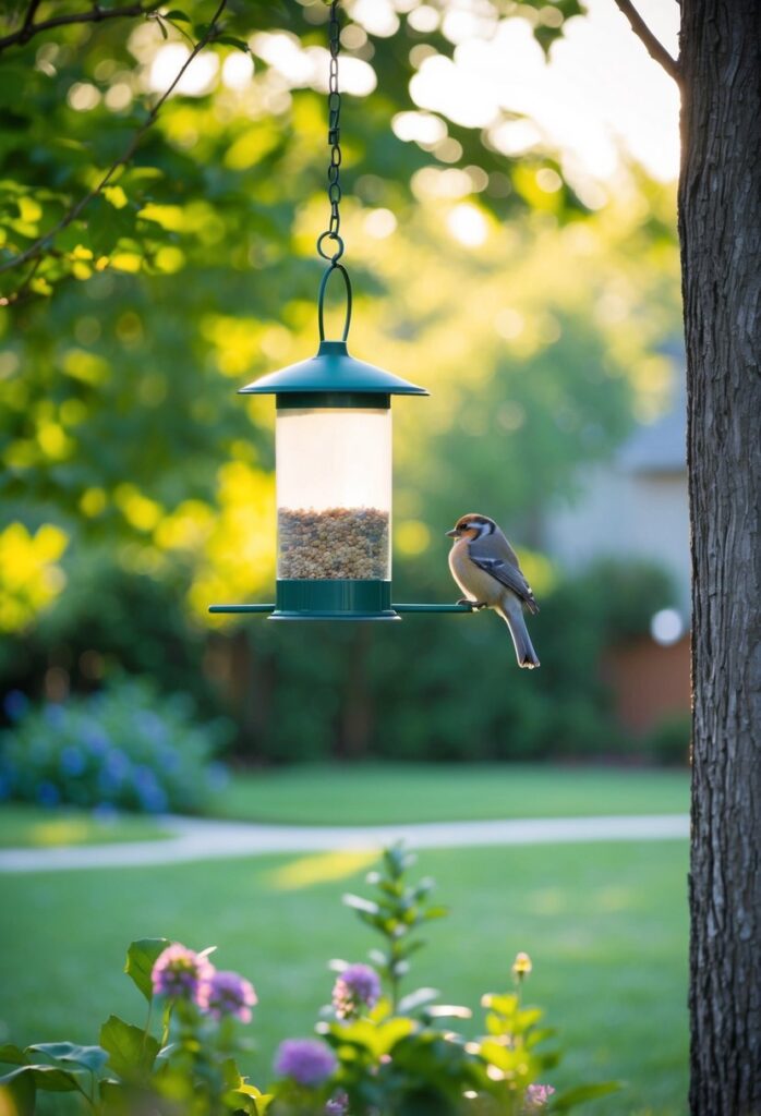 bird feeder hanging from a tall tree to protect the bird from predators