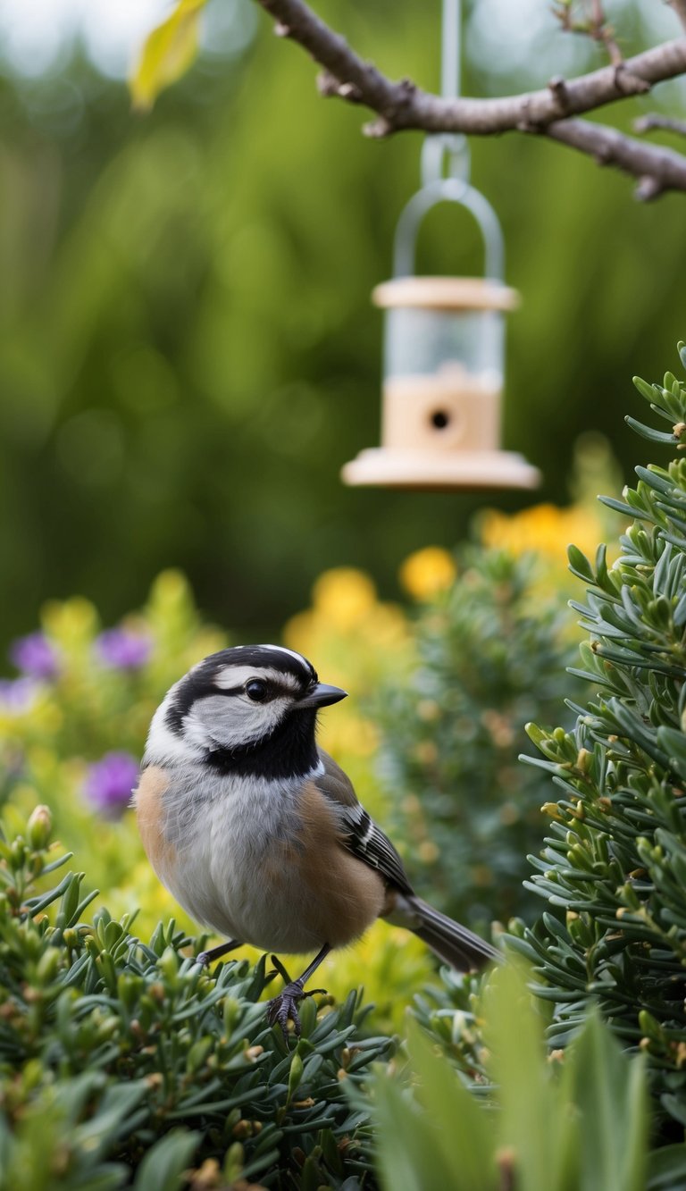 A garden with dense shrubs with a chickadee perched among the branches. In the distance you can see a birdfeeder hanging in a tree a safe distance away.