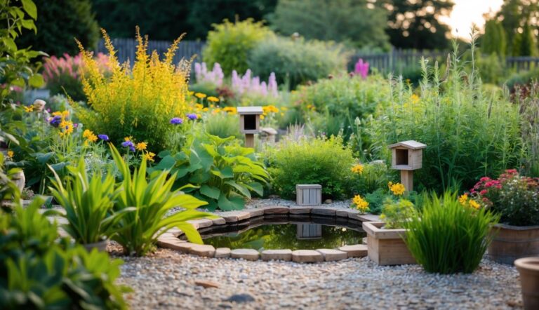 Lush garden designed for birds with pond, native plants and nesting boxes