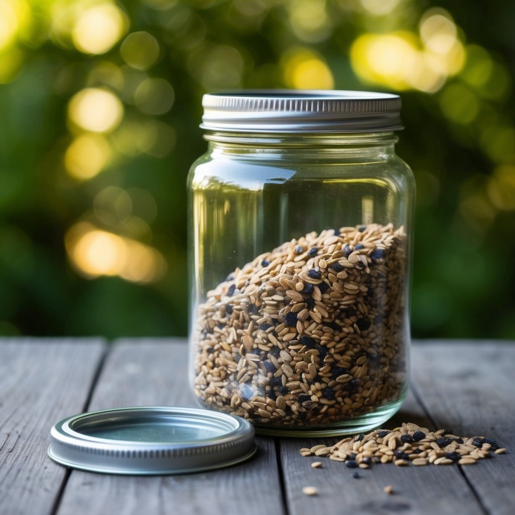 Glass jar full of birdseed with a tight fitting lid