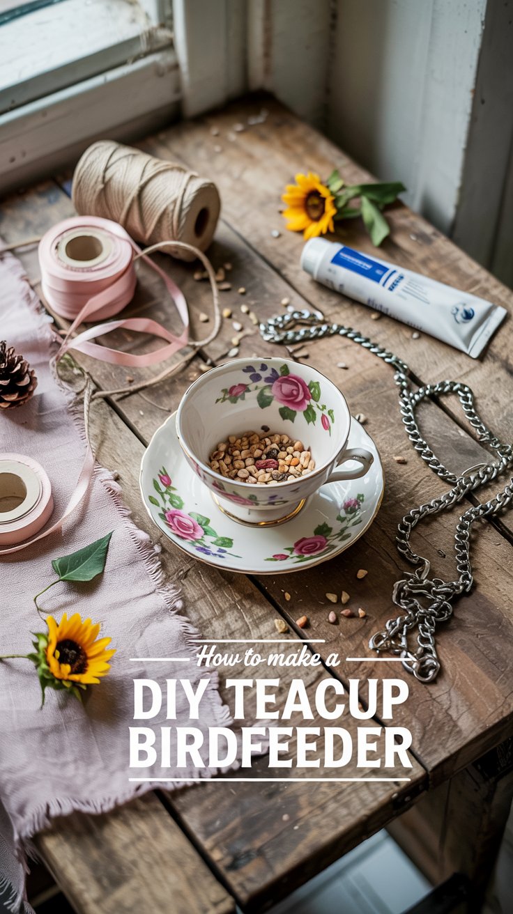 A table with teacups, saucers, bird seed, and string arranged for crafting. Text overlay reads how to make a DIY TEACUP BIRDFEEDER.