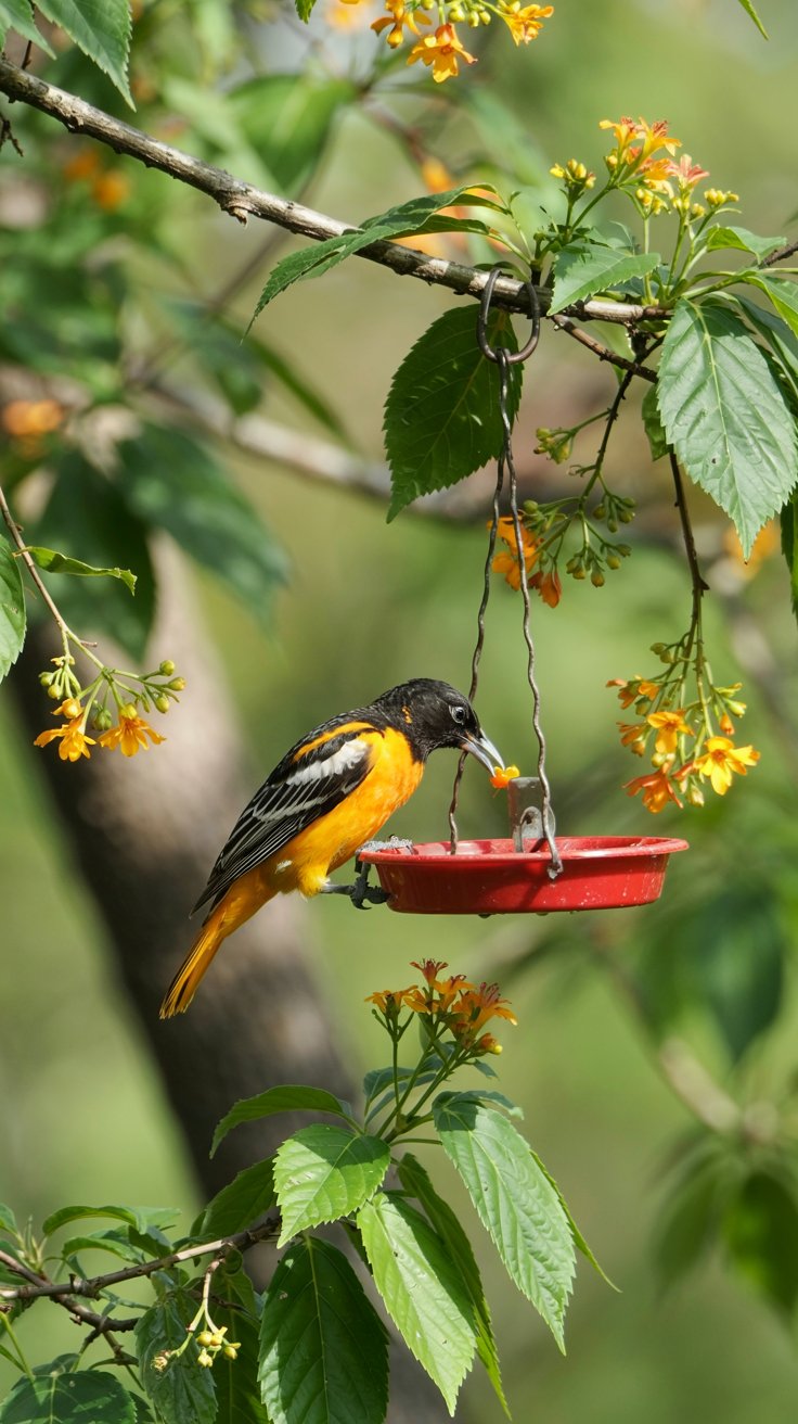 A vibrant oriole sipping from a hanging feeder filled with homemade nectar and oranges, surrounded by lush green foliage and bright orange flowers