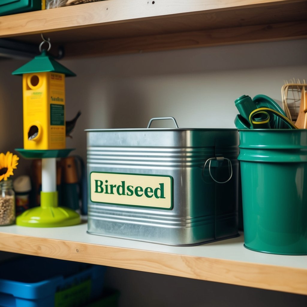 birdseed stored on a shelf in the garage