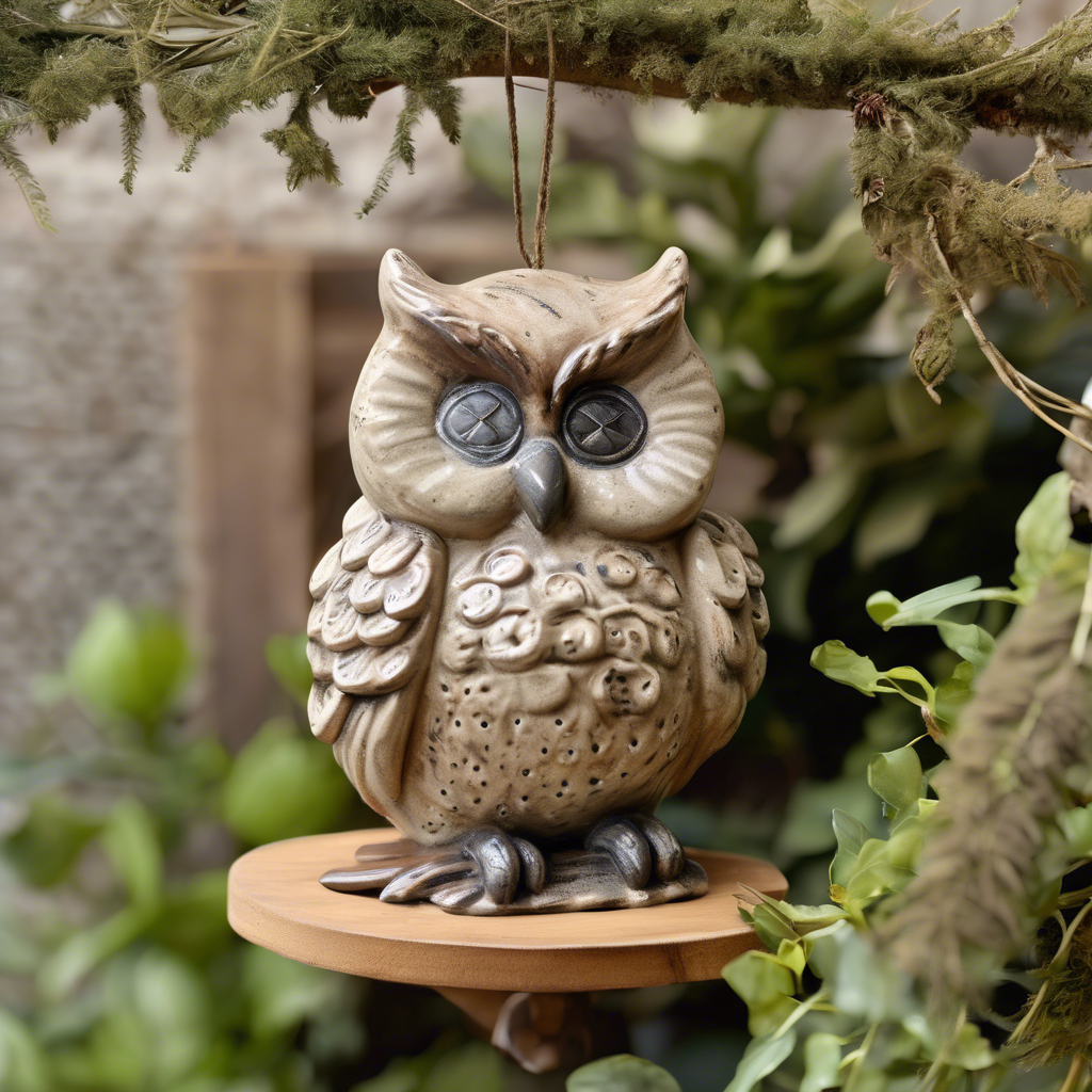 owl figurine hanging in the garden