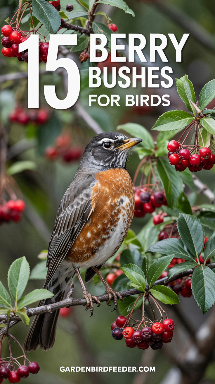 An American Robin featured with bold text reading 15 Berry Bushes for Birds. In the background is a image of a sunny bird friendly garden with a red chokeberry.