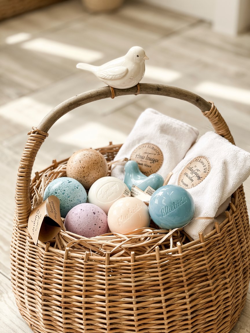 Bird-shaped soaps peek out among fluffy towels while a ceramic bird sits on the handle.