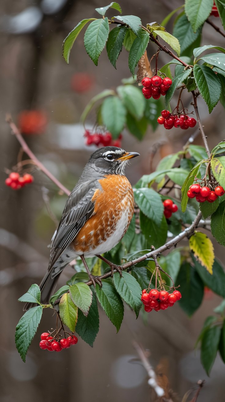 American Robin perched on a berry filled branch of a winterberry bush
