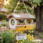 A rustic, hand-crafted bird feeder hanging delicately from a sturdy oak tree branch in a sun-drenched backyard. The feeder is made of reclaimed wood and painted a cheerful pastel yellow, with small openings for birds to access the seeds inside, with a small sign hanging beneath it reading "Welcome Friends".
