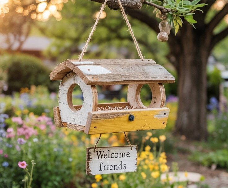 A rustic, hand-crafted bird feeder hanging delicately from a sturdy oak tree branch in a sun-drenched backyard. The feeder is made of reclaimed wood and painted a cheerful pastel yellow, with small openings for birds to access the seeds inside, with a small sign hanging beneath it reading "Welcome Friends".