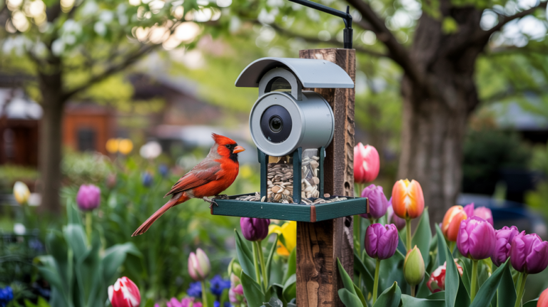 a cardinal perched on a camera birdfeeder with spring tulips in the background