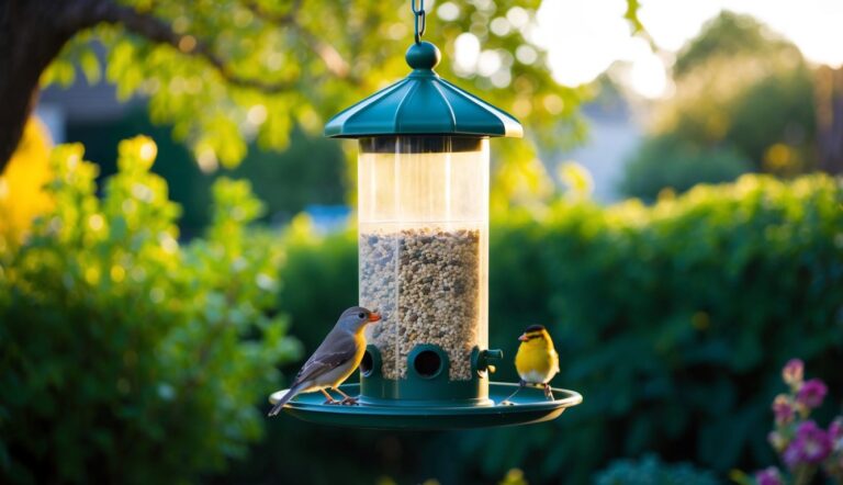 bird feeder in sunny backyard in the early morning