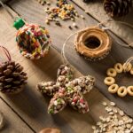 A variety of homemade bird feeder ornaments arranged on a wooden table