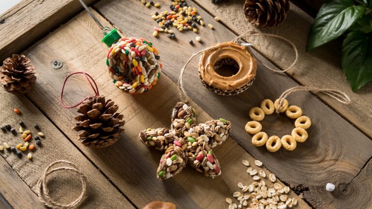 A variety of homemade bird feeder ornaments arranged on a wooden table