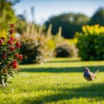 small bird in the backyard visiting a berry bush