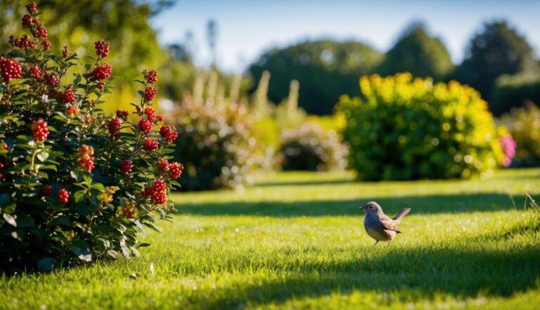 small bird in the backyard visiting a berry bush