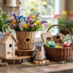 a selection of gift baskets with birding books, birdhouses, flowers and figurines on a wooden table