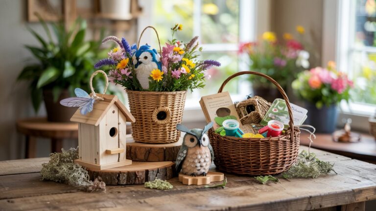 a selection of gift baskets with birding books, birdhouses, flowers and figurines on a wooden table