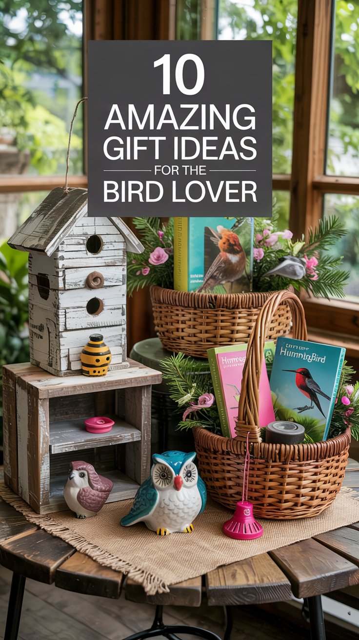 a selection of gift baskets with birding books, birdhouses, figurines with a text overlay Amazing Gift Ideas for Bird Lovers